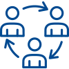 Icono que muestra tres figuras humanas en círculo con flechas