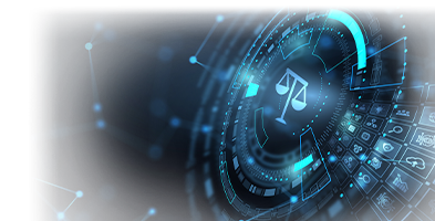 Una balanza que representa la justicia en un anillo de luces azules sobre un fondo negro